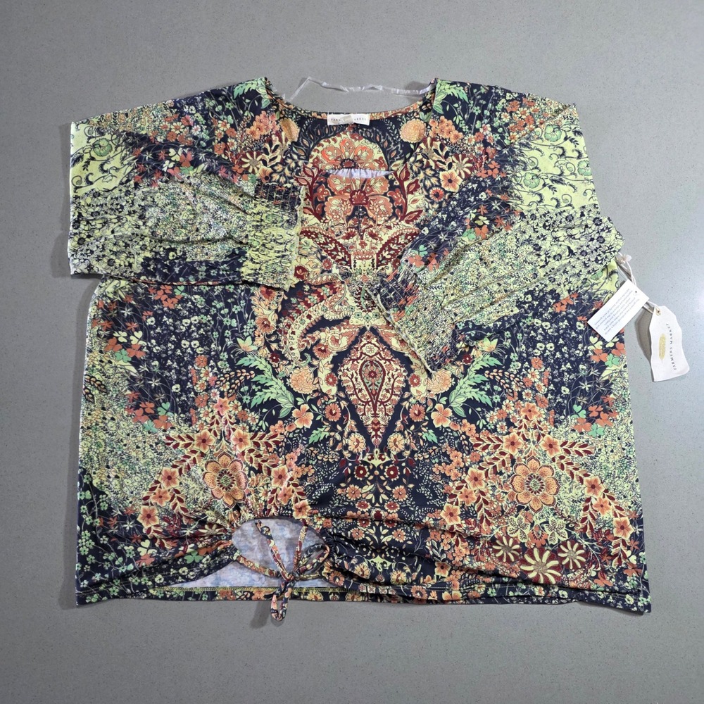 Farmers Market Womens 2X Floral Paisley Smocked Cuff Drawstring Hem Top NWT